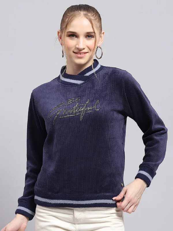 Lounge Wear Women Navy Blue Printed High Neck Full Sleeve Sweatshirt