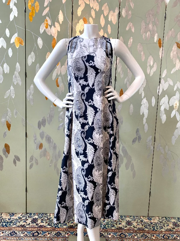 All-Day Comfort Vintage 1970s Navy & White Paisley Maxi Dress, Small