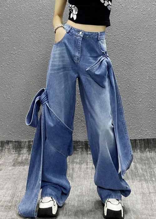 Soft Wear Chic Blue Bow Pockets High Waist Denim Pants Summer