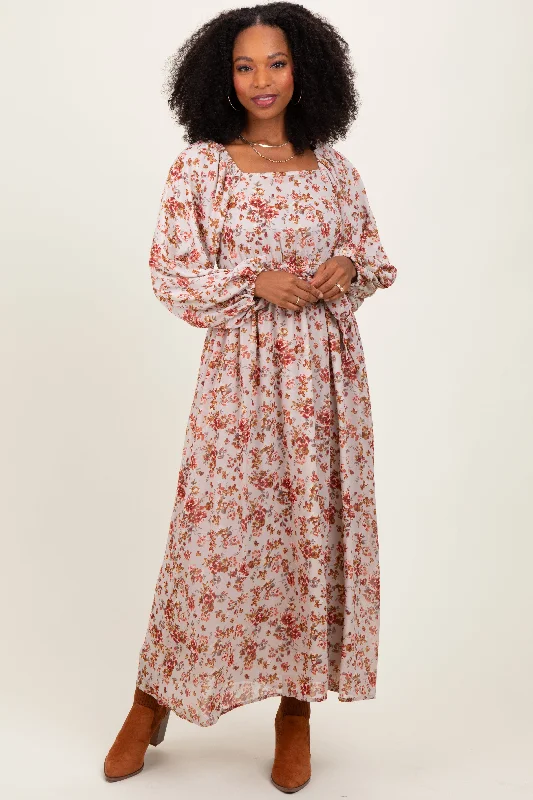 Cozy Look Cream Floral Square Neck Front Tie Midi Dress