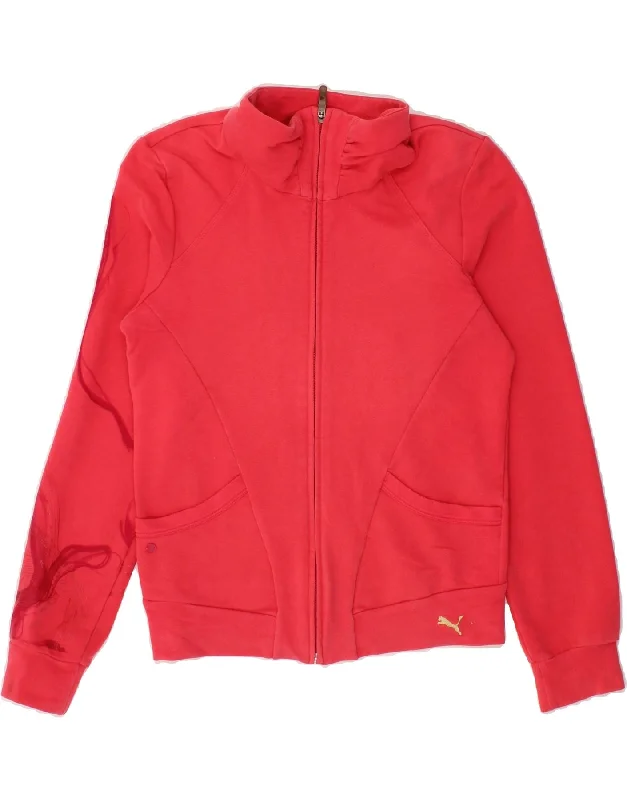 Stylish Comfort PUMA Womens Graphic Tracksuit Top Jacket UK 12 Medium Pink Cotton