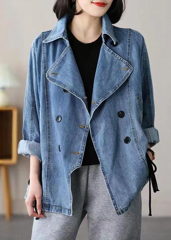 Simple Elegance Casual Blue Notched Patchwork Tie Waist Denim Coats Long Sleeve