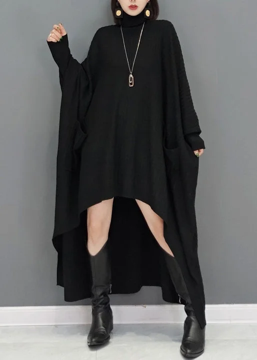 Basic Comfort Black Patchwork Plus Size Knit Sweater Dress Hign Neck Fall