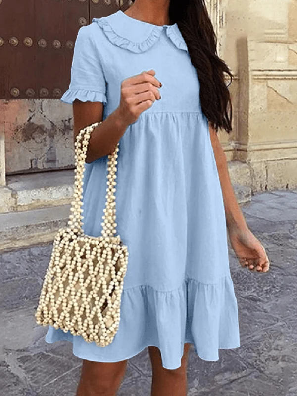 Soft Fashion Women Solid Color Doll Collar Fungus Trims A-Line Stitching Short Sleeve Dress