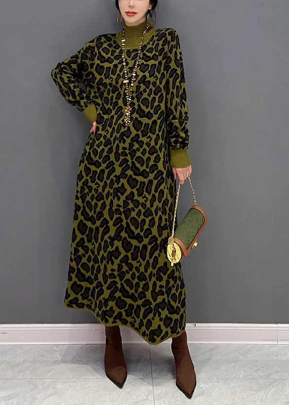 Trendy Wear Fitted Green High Neck Oversized Leopard Print Long Knit Dress Winter