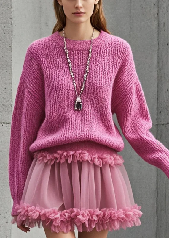 Luxe Comfort Stylish Rose Ruffled Patchwork Tulle Knit Sweater Dress Fall