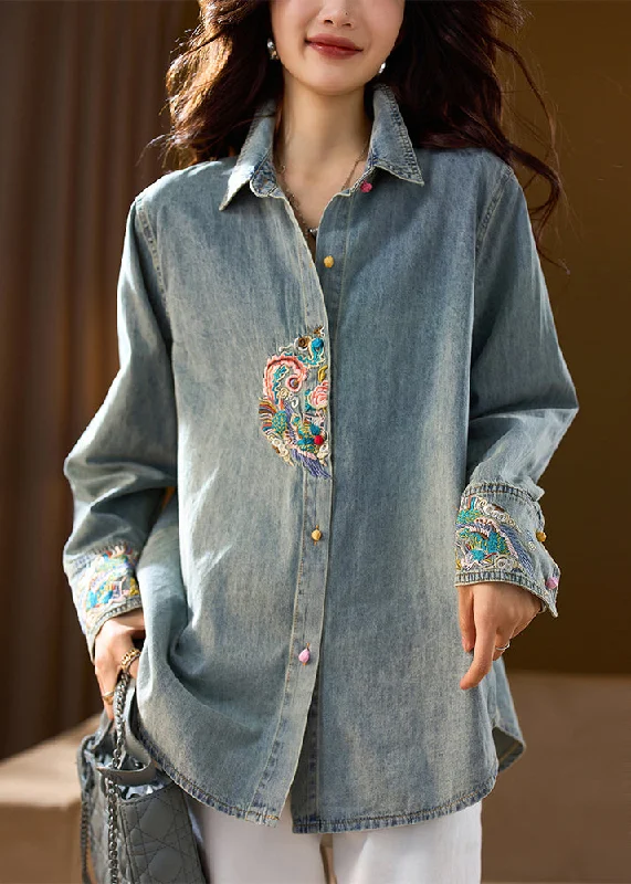Simple Comfort Organic Blue Peter Pan Collar Embroidered Denim Coat Top Fall