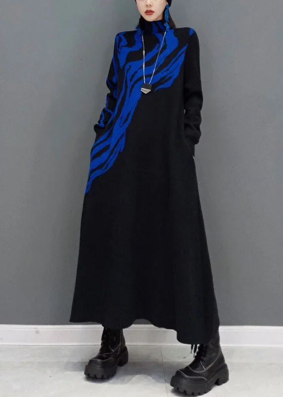 Fashion Comfort Women Blue Turtle Neck Knit long Dress Spring