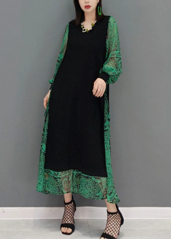 Soft Clothing Diy Green O-Neck tie waist lace Patchwork Knit Dress Spring