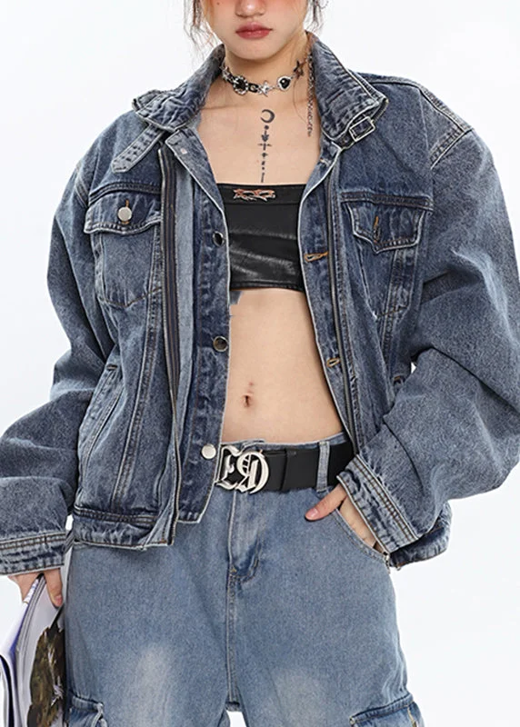 Soft Fabrics Art Blue Stand Collar Patchwork Zippered Denim Coats Long Sleeve