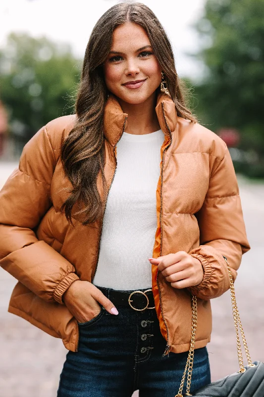 Elegant Comfort Give It Your All Camel Brown Faux Leather Puffer Jacket