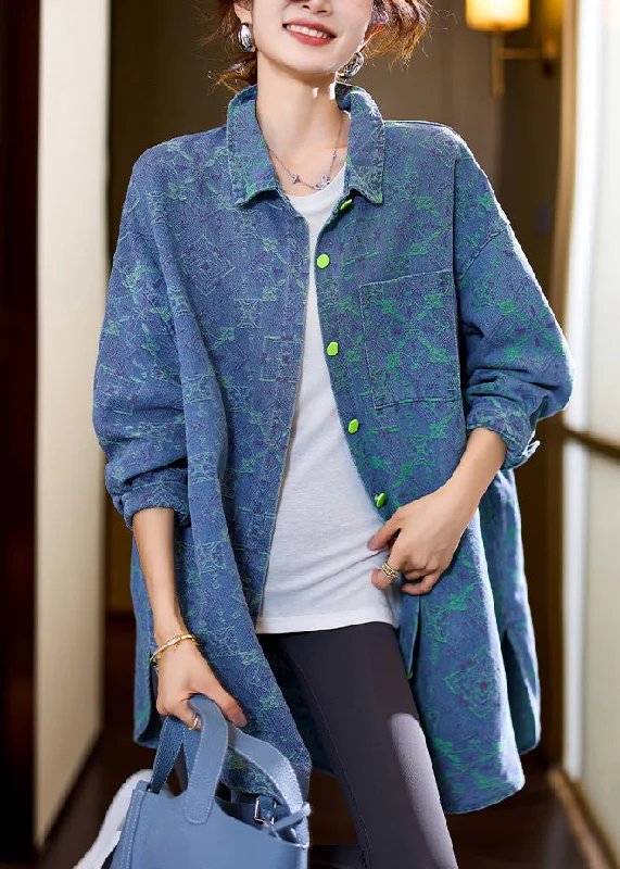 Chic Comfort Natural Blue Peter Pan Collar Pockets Jacquard Denim Coat Fall