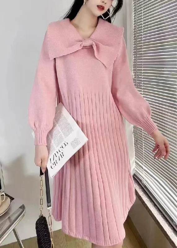 Soft Style Elegant Pink Bow Wrinkled Knit Sweater Dress Winter