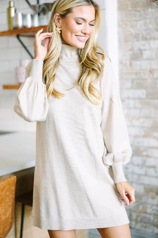 All-Day Comfort Wherever You Go Oatmeal Brown Turtleneck Sweater Dress