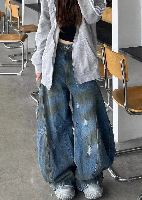 Sports Style French Blue Hole High Waist Denim Pants Fall