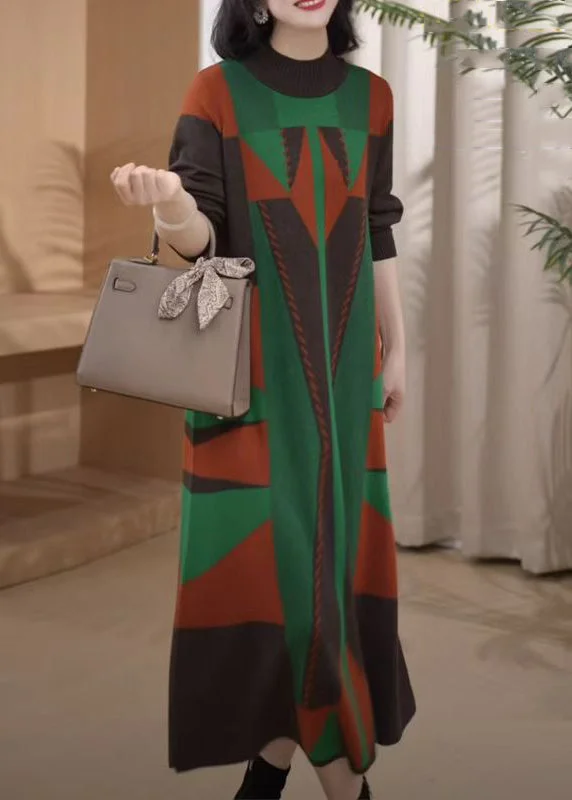 All-Day Wear New Green Turtleneck Geometric Knit Sweater Dress Winter