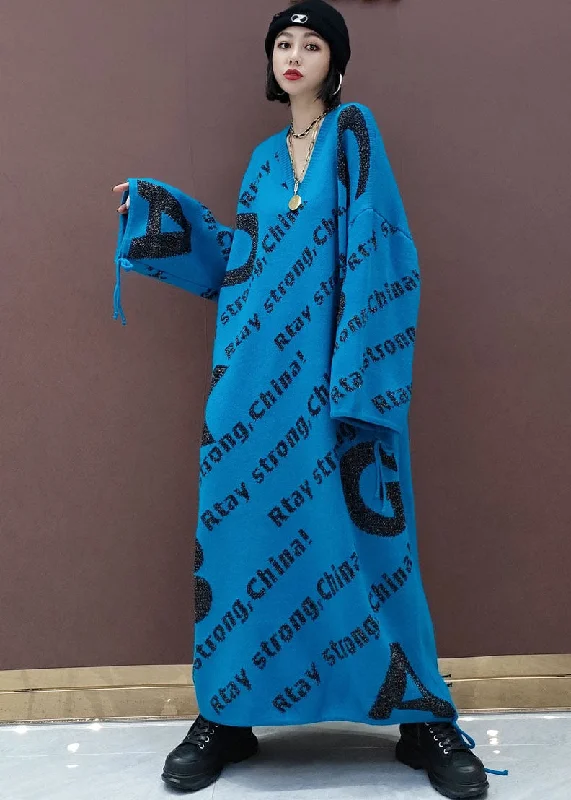 Fashionable Items Blue Print loose Knit Sweater long Dress Spring