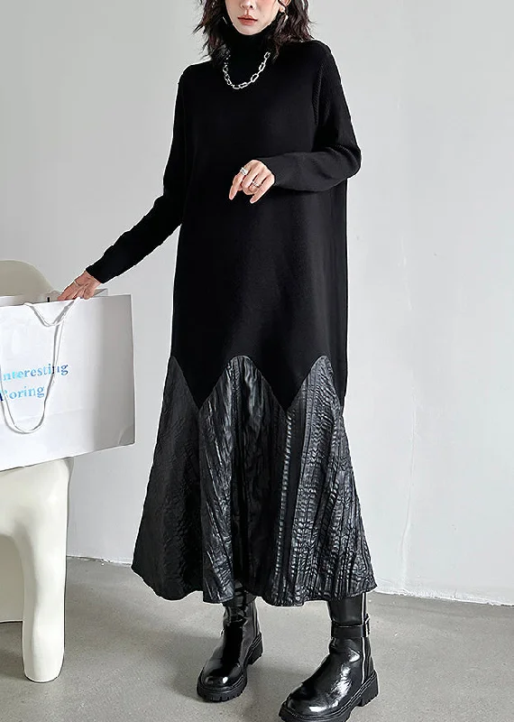 Cozy Chic Fashion Black High Neck Patchwork Knit Long Dresses Spring