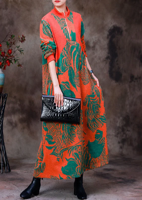 Trendy Casuals Elegant Orange Stand Collar Zip Up Jacquard Knit Robe Dresses Long Sleeve Trendy Casuals Elegant Orange Stand Collar Zip Up Jacquard Knit Robe Dresses Long Sleeve