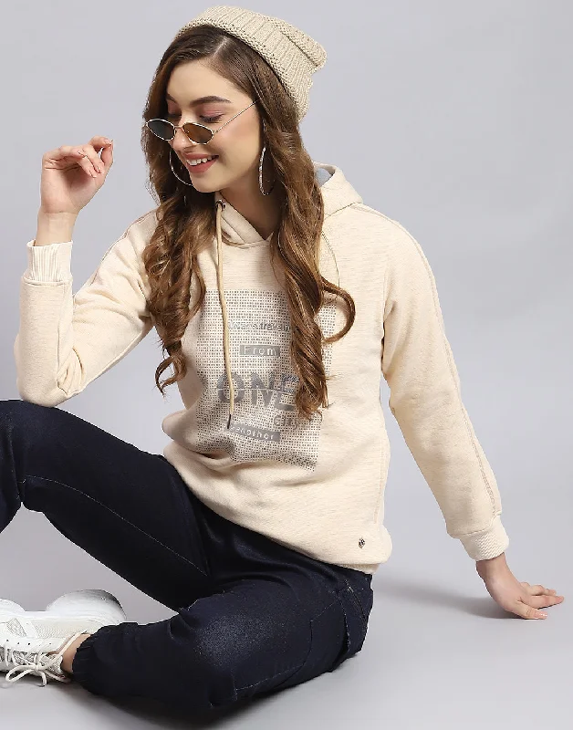 Relaxed Wear Women Beige Printed Hooded Full Sleeve Sweatshirt