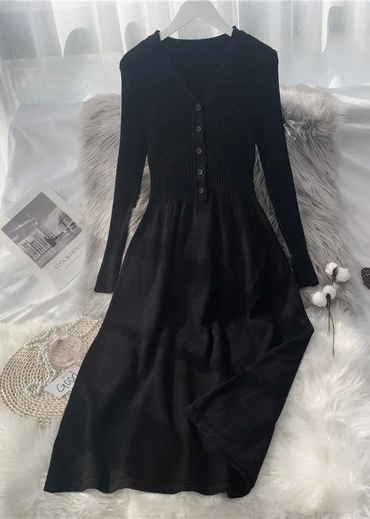 Easy Chic French Button Knitted Sweater Long Over-the-knee Slim Dress