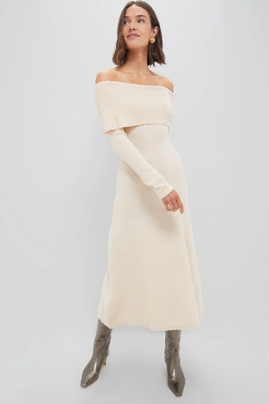 Elegant Comfort Oatmeal Off the Shoulder Maxi Dress