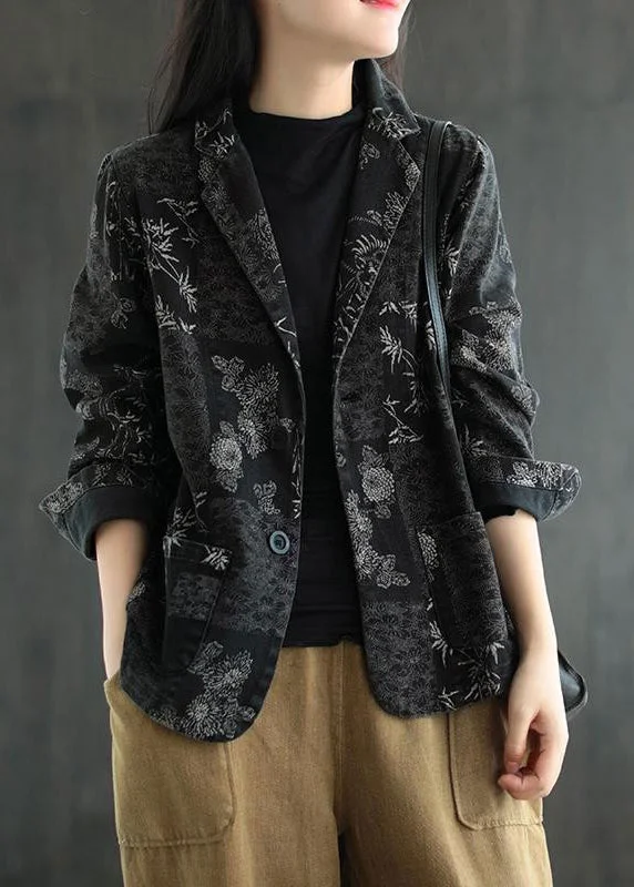 Modern Comfort Vogue Black Notched Print Denim Coats Fall
