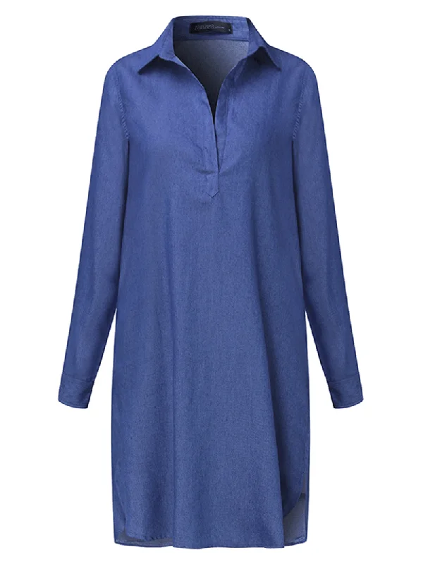 Stylish Wear Women Casual V Neck Denim Blue Jean Fold Sleeve Mini Dress