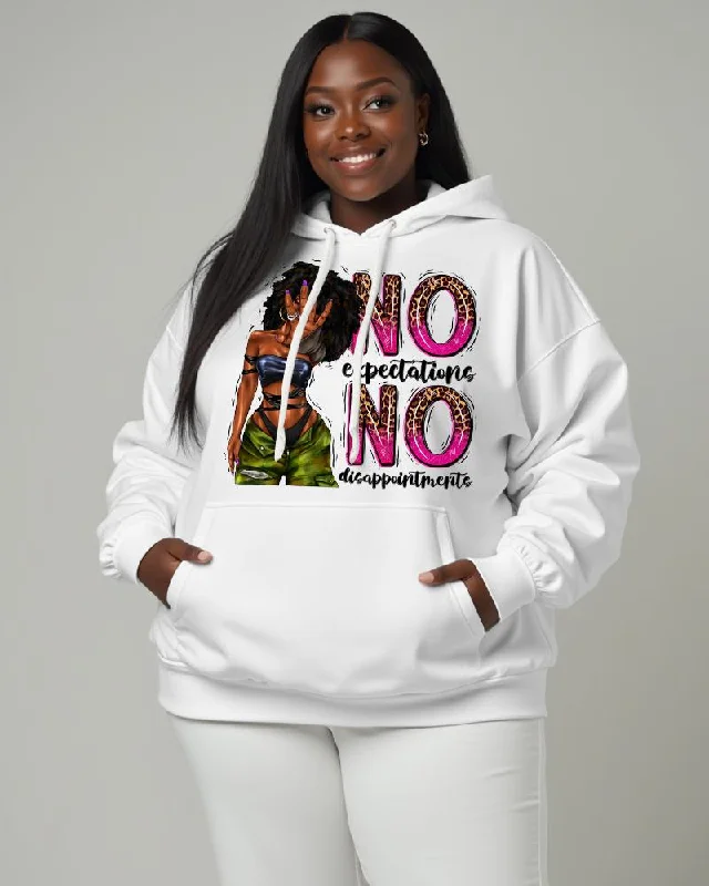 Comfort Fit Women's Black Girl Slogan No Expectations No Disappointments Pocket Long Sleeve Hoodie