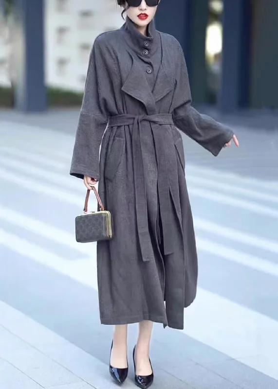 Warm Comfort Grey Pockets Tie Waist Cotton Trench Coat Stand Collar Winter