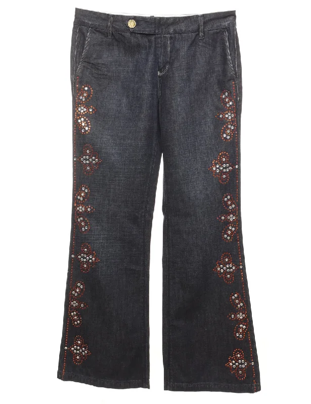 Fashion Must-have Embellished Dark Wash Flared Jeans - W32 L32