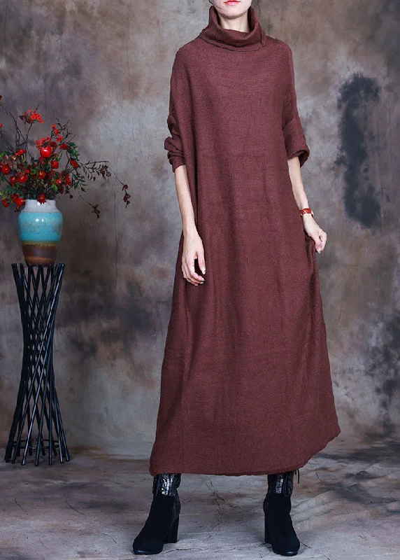 Exquisite Craftsmanship French Chocolate Turtle Neck Knit Dresses Spring