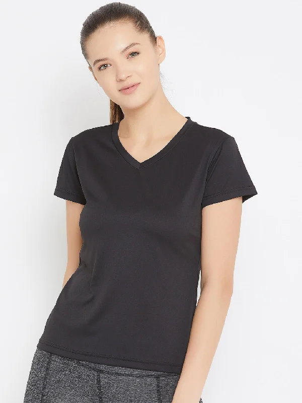 Comfy Chic JUMP USA Women Black Active Wear V- Neck T-shirt