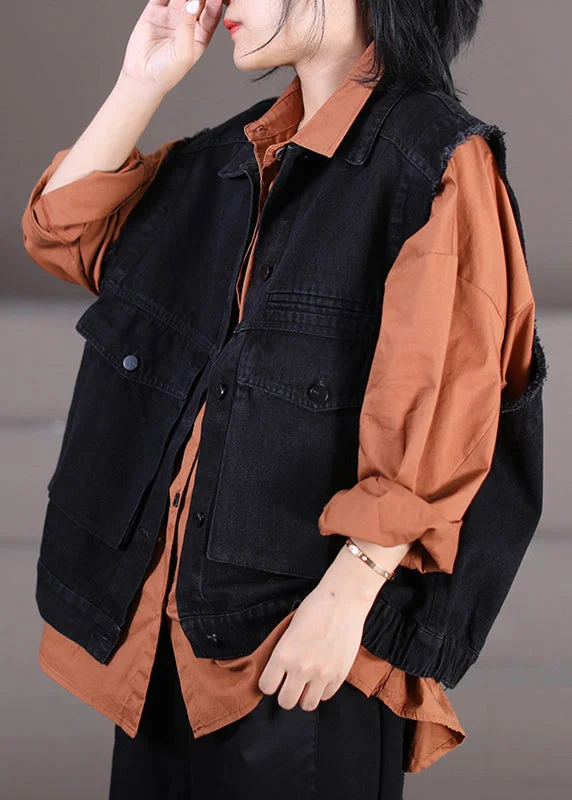 Exquisite Craftsmanship Retro Black Peter Pan Collar Patchwork Button Denim Waistcoat Fall
