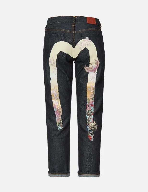 Simple Elegance Crane Embroidered Gradated Daicock Boyfriend Jeans