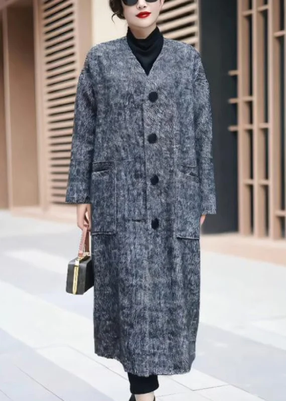 Casual Elegance Black Button Pockets Woolen Long Coat V Neck Winter
