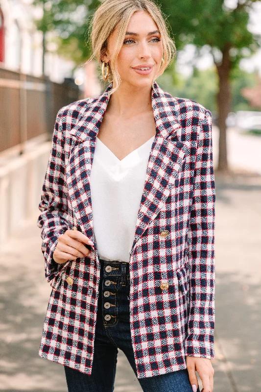Soft Style Get A Feeling Navy Blue Plaid Blazer