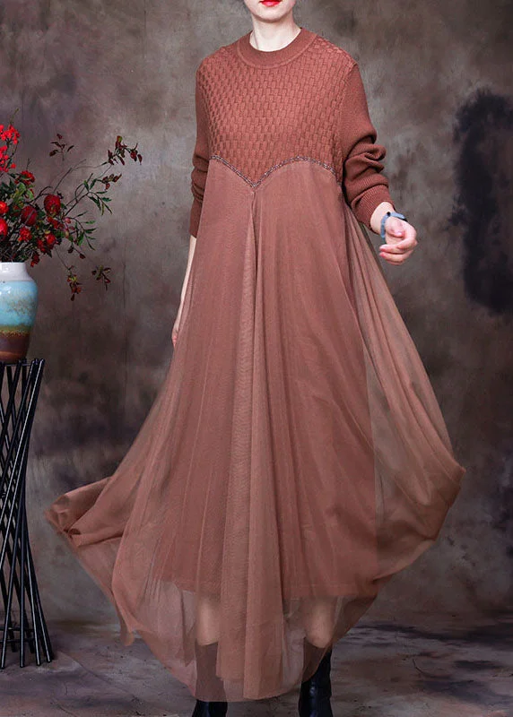Daily Comfort Classy Khaki O-Neck asymmetrical design Fall Knit Dress