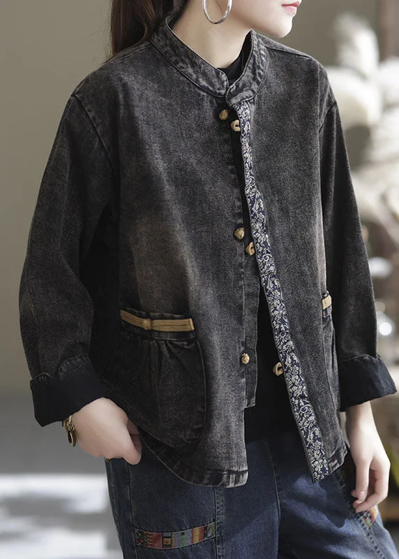 Relaxed Dresses Plus Size Black Oversized Pockets Patchwork Cotton Denim Coats Fall