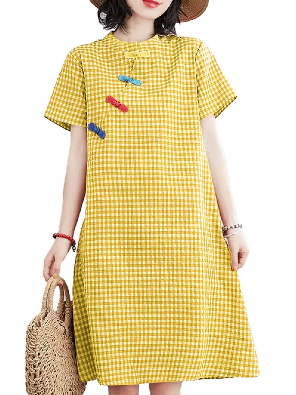 Free Design Short Sleeve Stand Collar Pleated Spliced Plaid Casual Dress for Women