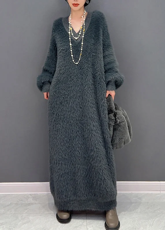 Effortless Comfort Modern Dark Gray V Neck Mink Velvet Knit Ankle Dress Winter