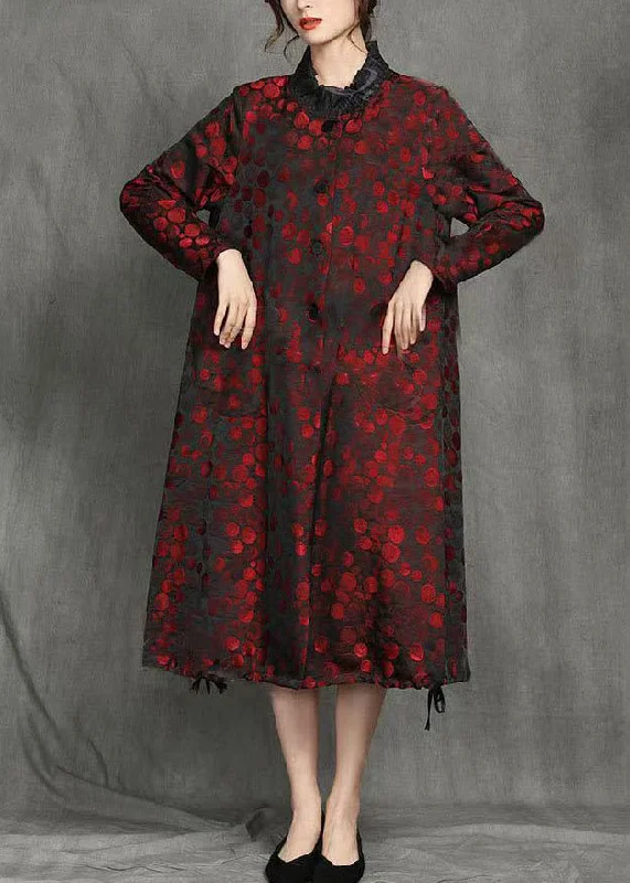 Breezy Style Red Lace Up Pockets Patchwork Coats Dot Winter