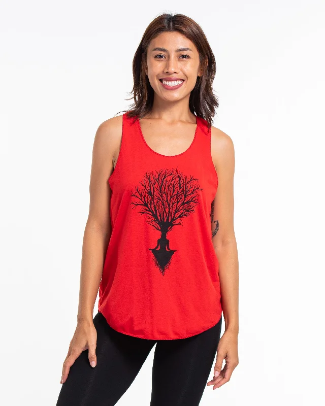 Design Must-have Womens Meditation Tree Tank Top in Red