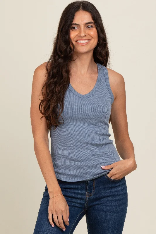 Chic Comfort Blue V-Neck Ribbed Tank Top