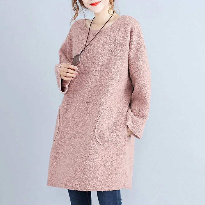 Soft Style fashion warm pink corduroy mid shift dresses oversize big pockets knit dress Soft Style fashion warm pink corduroy mid shift dresses oversize big pockets knit dress