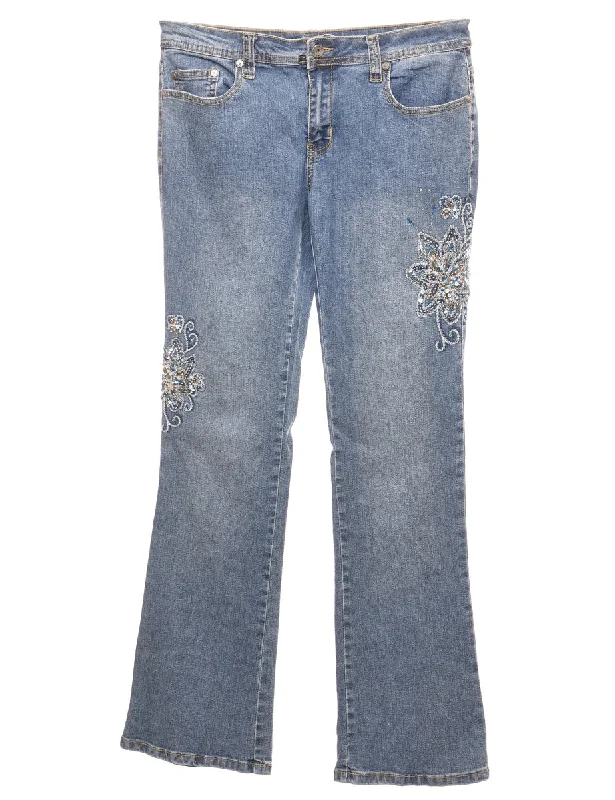 Trendy Comfort Sequined Floral Light Wash Flared Y2K Jeans - W31 L33