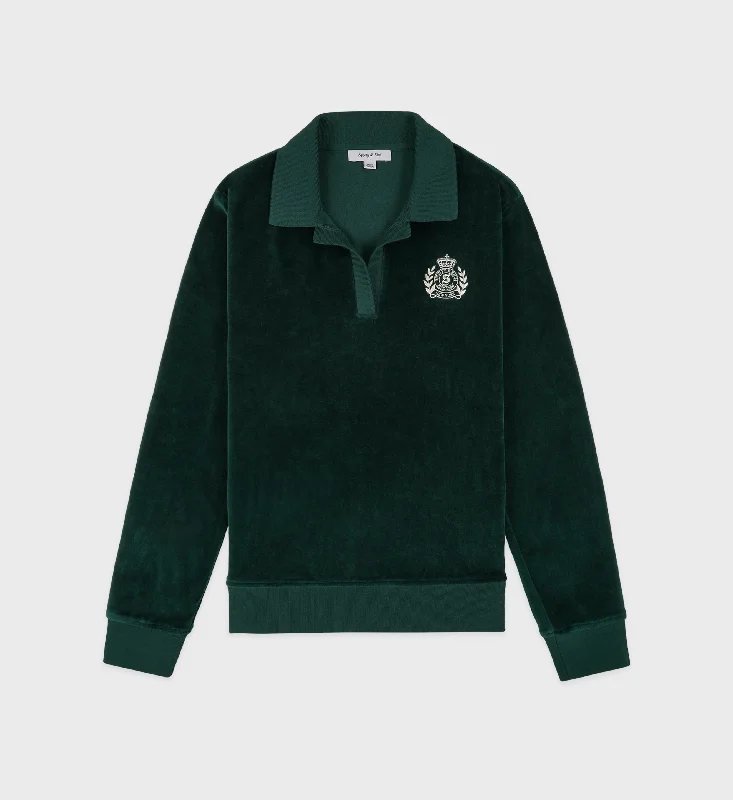 Soft Textures NY Crest Longsleeve Velour Polo - Forest/Cream