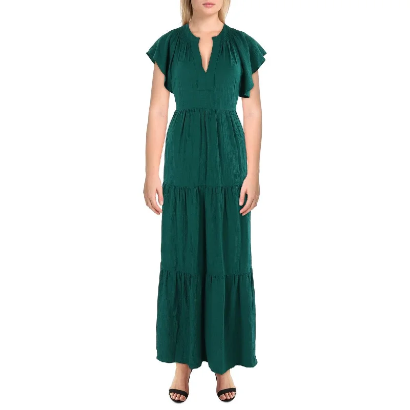 Cozy Dress Calvin Klein Womens Tiered Flutter Sleeves Maxi Dress