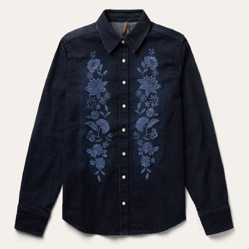 Chic Lounge Embroidered Dark Denim Snap Front Shirt