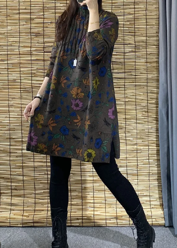 Modern Comfort Plus Size Chocolate Turtleneck Print side open Fall Floral Knit Sweater